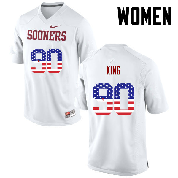Women Oklahoma Sooners #90 David King College Football USA Flag Fashion Jerseys-White - Click Image to Close